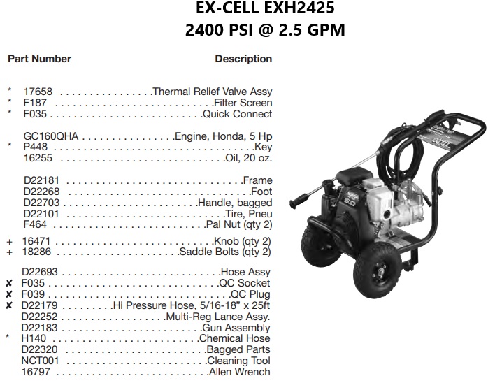 EX-CELL model EXH2425 power washer parts